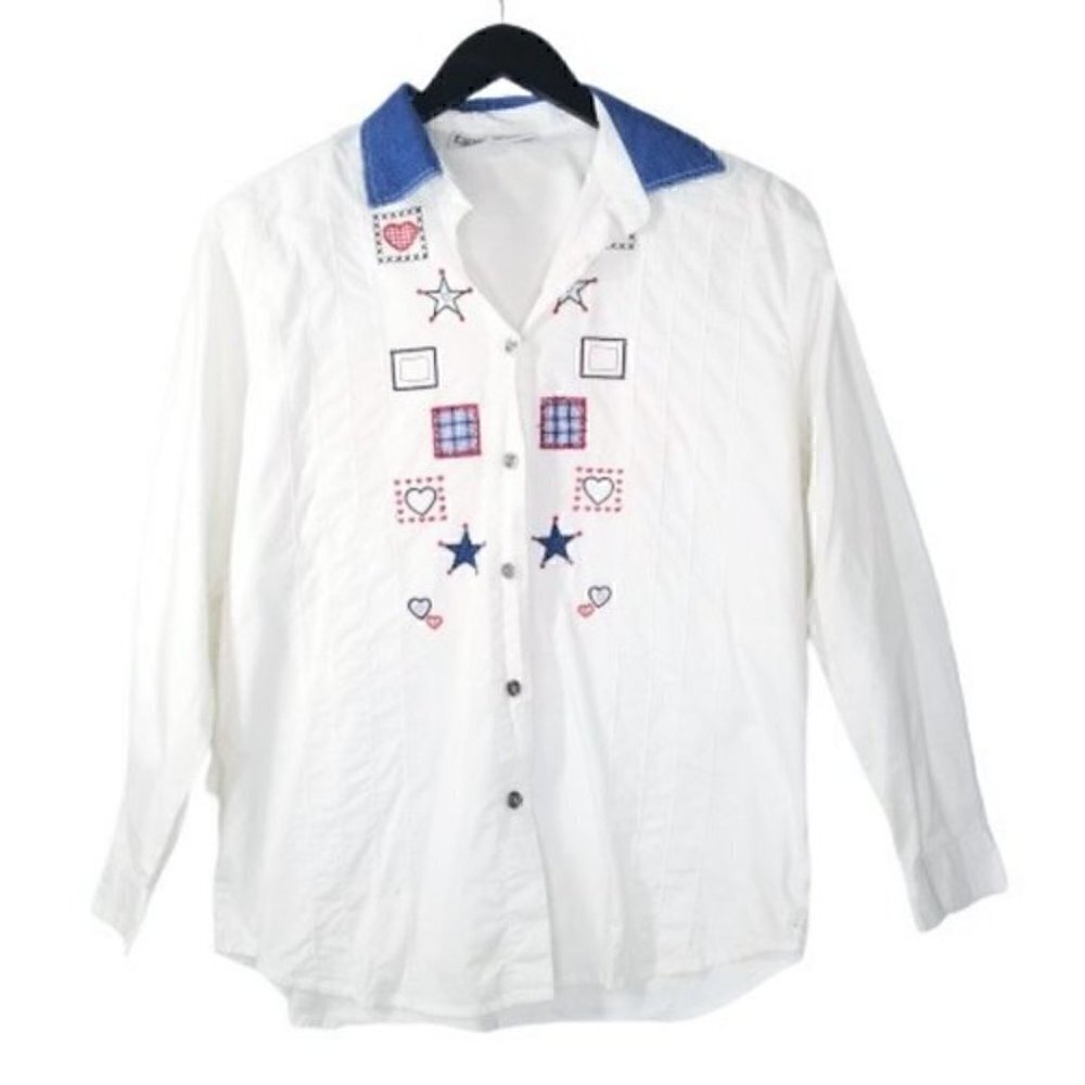 VTG 80s 90s White Chambray Hearts Stars Button Up